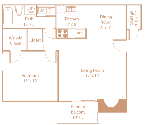 Floor plan for 1 bed, 1 bath, 772 sqft